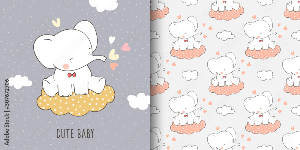 Wall mural draw greeting card and print pattern of elephant for fabric textiles.