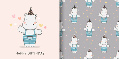 Draw greeting card and print pattern of hippo for fabric textiles kids.