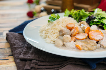 Cooked White Veal Stew and rice