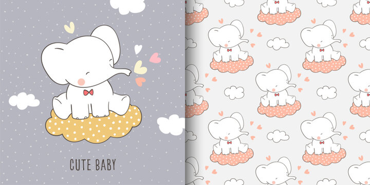 Draw greeting card and print pattern of elephant for fabric textiles.