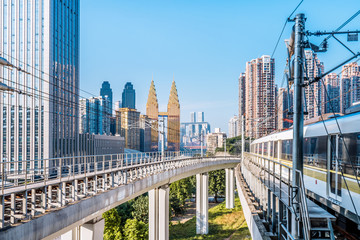 Light rail platform and high-rise buildings in Chongqing, China