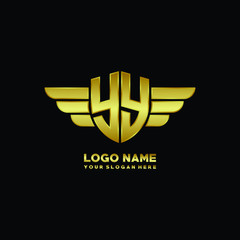 initial letter YY shield logo with wing vector illustration, gold color
