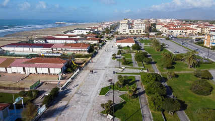 VIAREGGIO, ITALY - NOVEMBER 30, 2019: Aerial view of city promenade in autumn