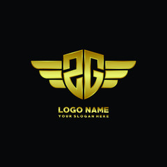 initial letter ZG shield logo with wing vector illustration, gold color