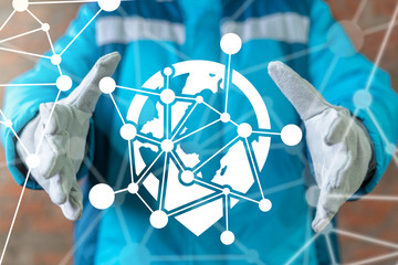 Location Earth Globe Network Industrial Technologies. Global Blockchain Networking Industry Concept. International export communication production delivery.