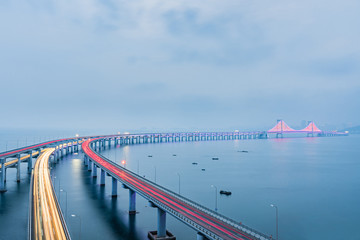 Night scenery of Dalian sea-crossing bridge in Dalian, Liaoning, China