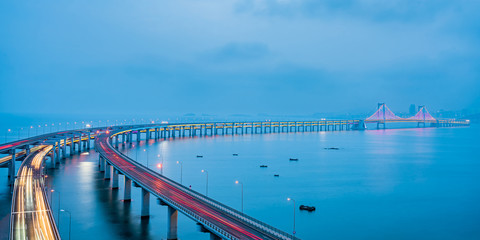Night scenery of Dalian sea-crossing bridge in Dalian, Liaoning, China