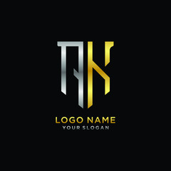 Abstract letter AK shield logo design template. Premium nominal monogram business sign.shield shape Letter Design in silver gold color