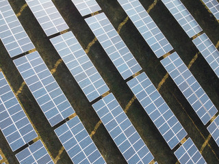 Aerial top view of installed solar cell for electricity power manufacturing.