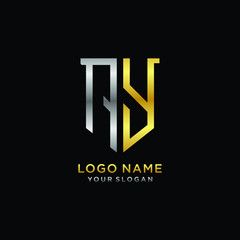 Abstract letter AY shield logo design template. Premium nominal monogram business sign.shield shape Letter Design in silver gold color