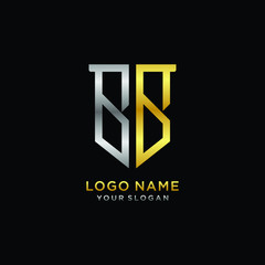 Abstract letter BB shield logo design template. Premium nominal monogram business sign.shield shape Letter Design in silver gold color