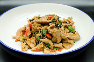 Stir Beef with basil leaves and red chilli in Thai style food using as food and ingredient for asia concept.