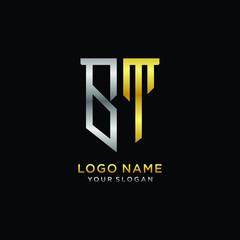 Abstract letter BT shield logo design template. Premium nominal monogram business sign.shield shape Letter Design in silver gold color