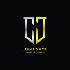Abstract letter CJ shield logo design template. Premium nominal monogram business sign.shield shape Letter Design in silver gold color