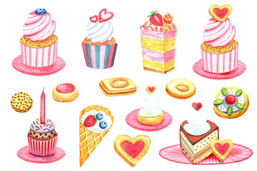 Clip art  set Tea time, coffee  cakes, chocolate cake, love heart, strawberry cakes, cookies, cream  cakes. Stock illustration. Isolated elements on white background. Hand painted in watercolor.