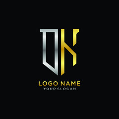 Abstract letter DK shield logo design template. Premium nominal monogram business sign.shield shape Letter Design in silver gold color