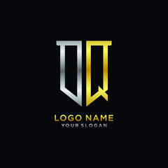 Abstract letter DQ shield logo design template. Premium nominal monogram business sign.shield shape Letter Design in silver gold color