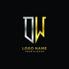Abstract letter DW shield logo design template. Premium nominal monogram business sign.shield shape Letter Design in silver gold color