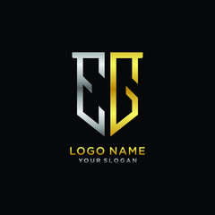 Abstract letter EG shield logo design template. Premium nominal monogram business sign.shield shape Letter Design in silver gold color