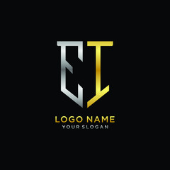 Abstract letter EI shield logo design template. Premium nominal monogram business sign.shield shape Letter Design in silver gold color