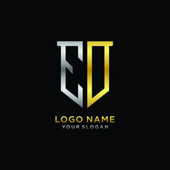 Abstract letter EO shield logo design template. Premium nominal monogram business sign.shield shape Letter Design in silver gold color