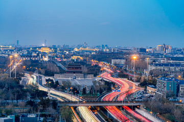 Obraz premium Cityscape of Yongdingmen Tower and Rails, Beijing, China