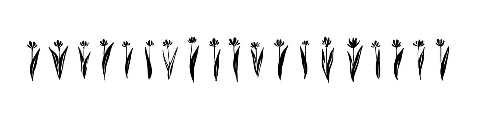 Hand drawn abstract modern flowers collection painted by ink. Grunge style brush painting vector silhouettes. Black isolated imprint on white background