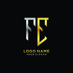 Fototapeta premium Abstract letter FE shield logo design template. Premium nominal monogram business sign.shield shape Letter Design in silver gold color