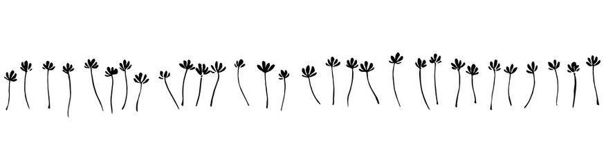 Vector seamless border with ink drawing simple flowers, hand drawn botanical illustration. Black isolated floral silhouette, imprint on white background