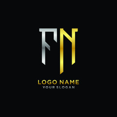 Abstract letter FN shield logo design template. Premium nominal monogram business sign.shield shape Letter Design in silver gold color