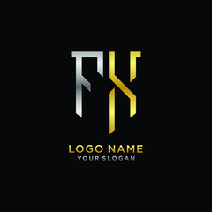 Abstract letter FX shield logo design template. Premium nominal monogram business sign.shield shape Letter Design in silver gold color