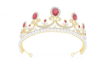 golden crown with rubies and pearls on a white background - obrazy, fototapety, plakaty