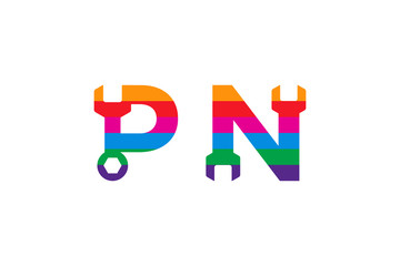  letter P and letter N logo design template. colorful shape. combination automotive repair tool and letter or initial logo