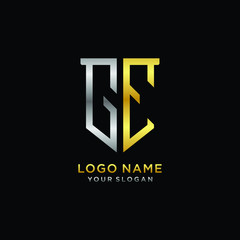 Obraz premium Abstract letter GE shield logo design template. Premium nominal monogram business sign.shield shape Letter Design in silver gold color