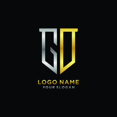 Abstract letter GO shield logo design template. Premium nominal monogram business sign.shield shape Letter Design in silver gold color