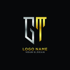 Abstract letter GT shield logo design template. Premium nominal monogram business sign.shield shape Letter Design in silver gold color