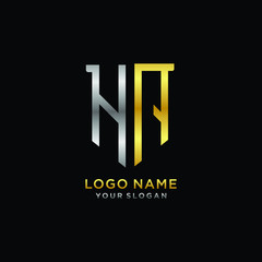 Abstract letter HA shield logo design template. Premium nominal monogram business sign.shield shape Letter Design in silver gold color