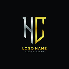 Abstract letter HC shield logo design template. Premium nominal monogram business sign.shield shape Letter Design in silver gold color