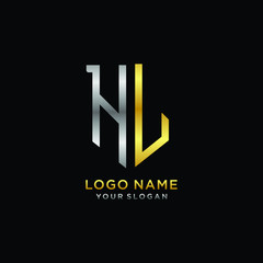 Abstract letter HL shield logo design template. Premium nominal monogram business sign.shield shape Letter Design in silver gold color