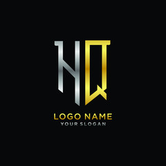 Abstract letter HQ shield logo design template. Premium nominal monogram business sign.shield shape Letter Design in silver gold color