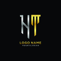 Abstract letter HT shield logo design template. Premium nominal monogram business sign.shield shape Letter Design in silver gold color