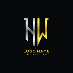 Abstract letter HW shield logo design template. Premium nominal monogram business sign.shield shape Letter Design in silver gold color