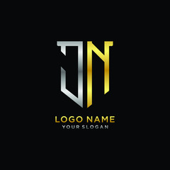 Abstract letter JN shield logo design template. Premium nominal monogram business sign.shield shape Letter Design in silver gold color