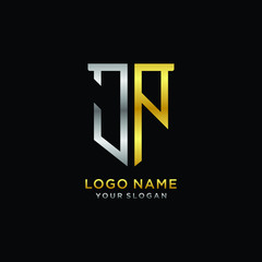 Abstract letter JP shield logo design template. Premium nominal monogram business sign.shield shape Letter Design in silver gold color