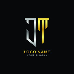 Abstract letter JT shield logo design template. Premium nominal monogram business sign.shield shape Letter Design in silver gold color