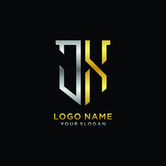 Obraz premium Abstract letter JX shield logo design template. Premium nominal monogram business sign.shield shape Letter Design in silver gold color