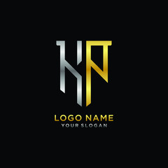 Fototapeta na wymiar Abstract letter KP shield logo design template. Premium nominal monogram business sign.shield shape Letter Design in silver gold color