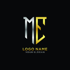 Abstract letter ME shield logo design template. Premium nominal monogram business sign.shield shape Letter Design in silver gold color