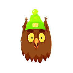 Cartoon flat funny and cute owl with winter hat, vector illustration, face of owl with big eyes