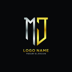 Abstract letter MJ shield logo design template. Premium nominal monogram business sign.shield shape Letter Design in silver gold color